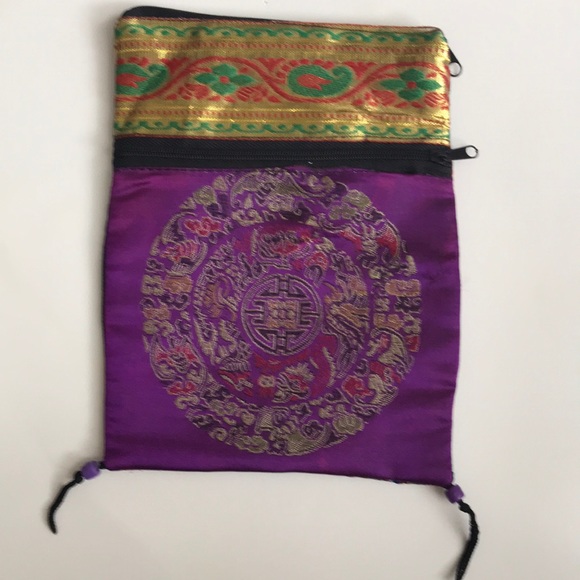 NWT Purple 2 Pocket Silk Zari weaved Zipper Bag - Picture 2 of 5